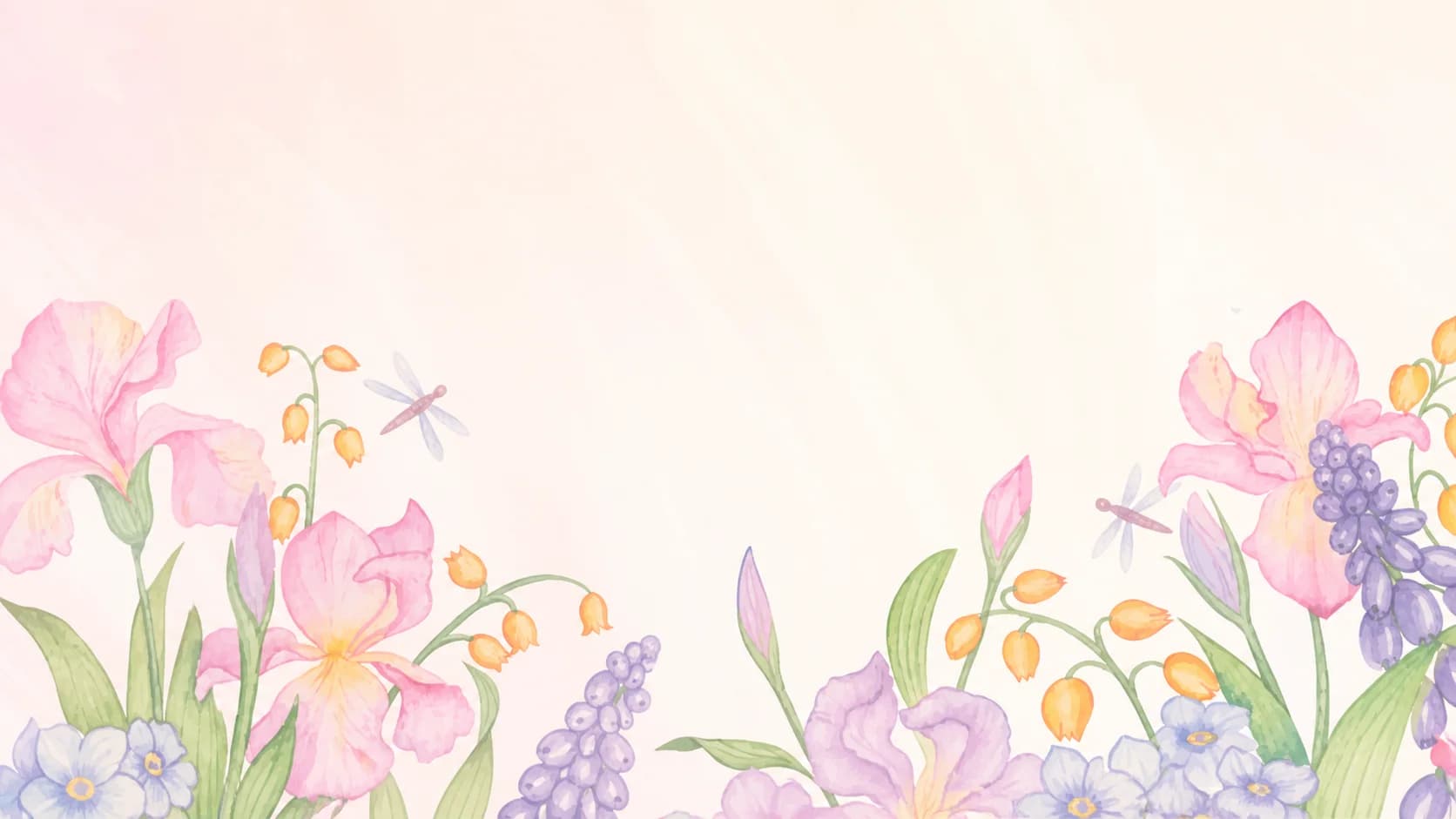 Soft watercolor floral background with irises and dragonflies