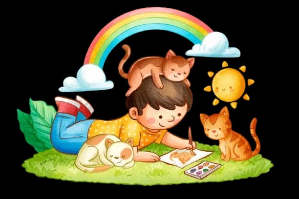 Boy painting with cats under a rainbow