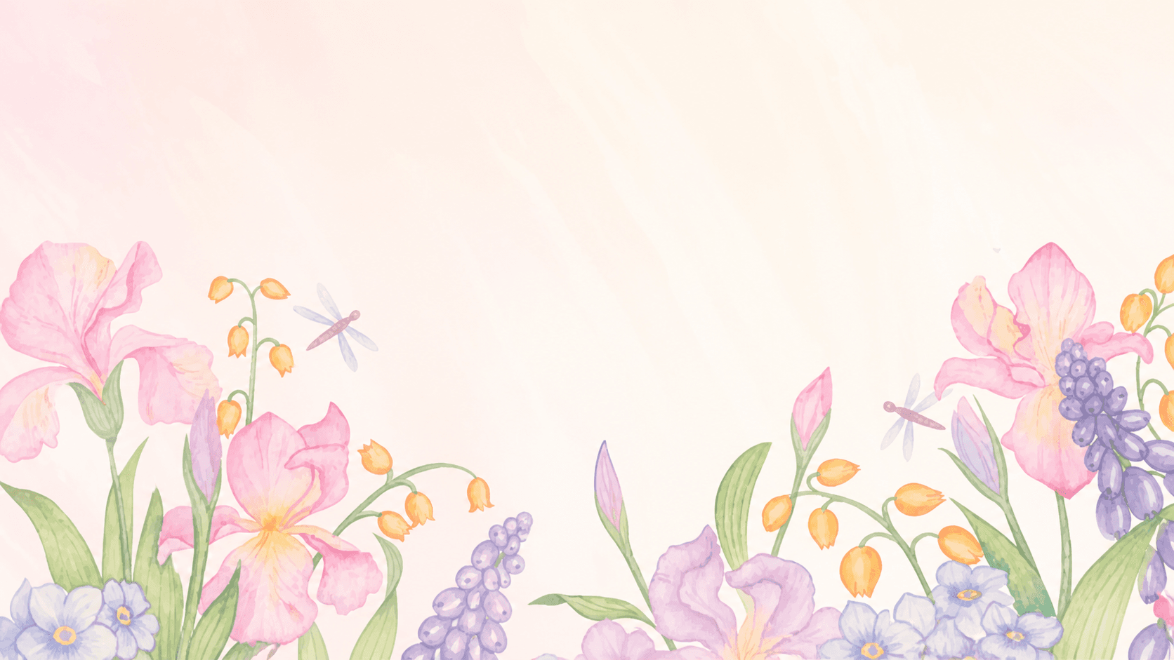 Soft watercolor floral background with irises and dragonflies