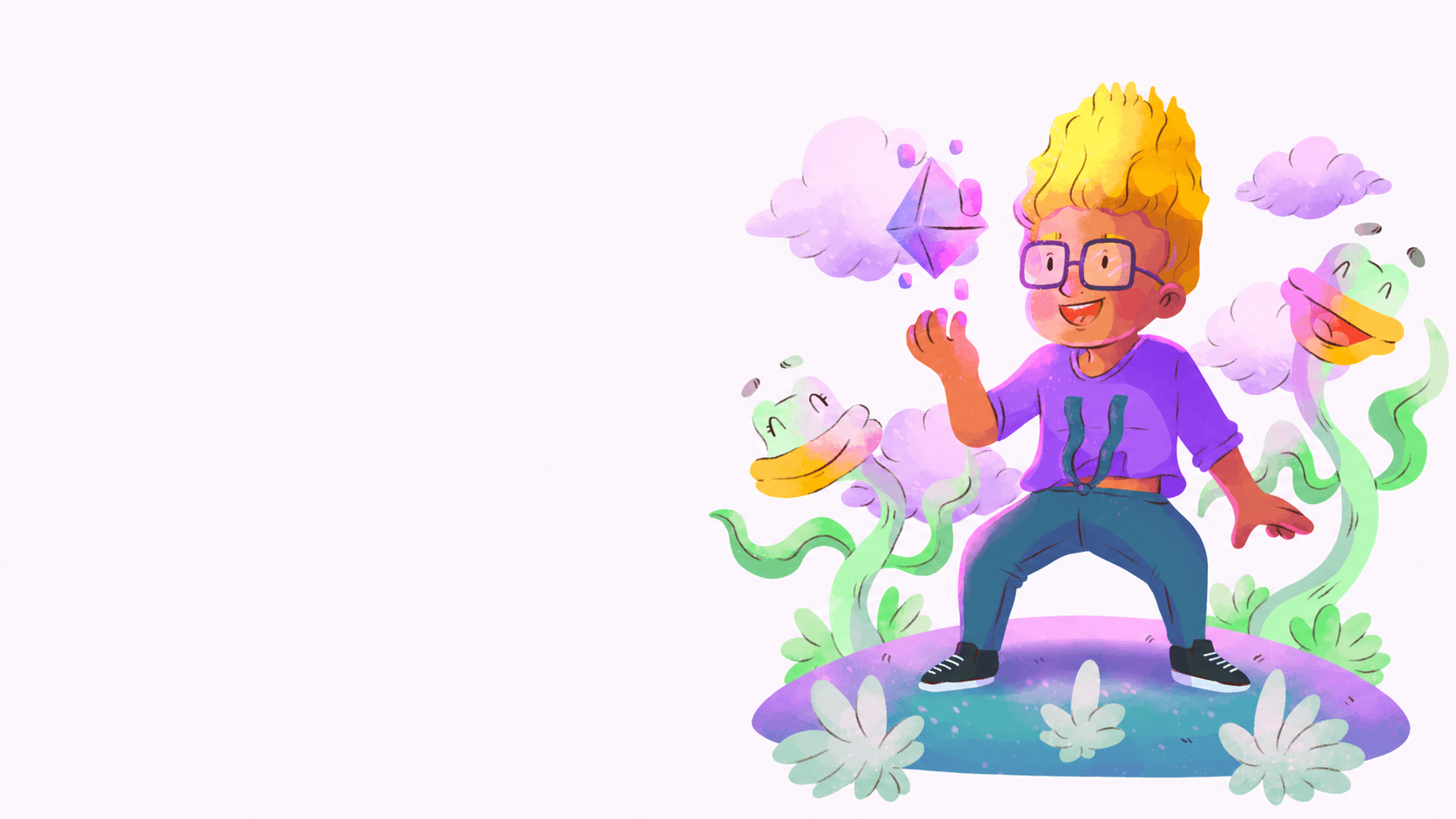 Boy with glowing hair surrounded by playful fantasy creatures