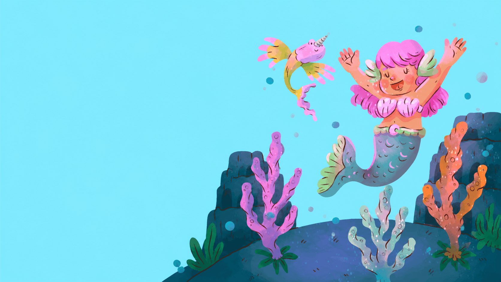 Pink-haired mermaid dancing with a sea unicorn
