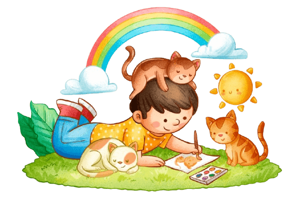 Boy painting with cats under a rainbow
