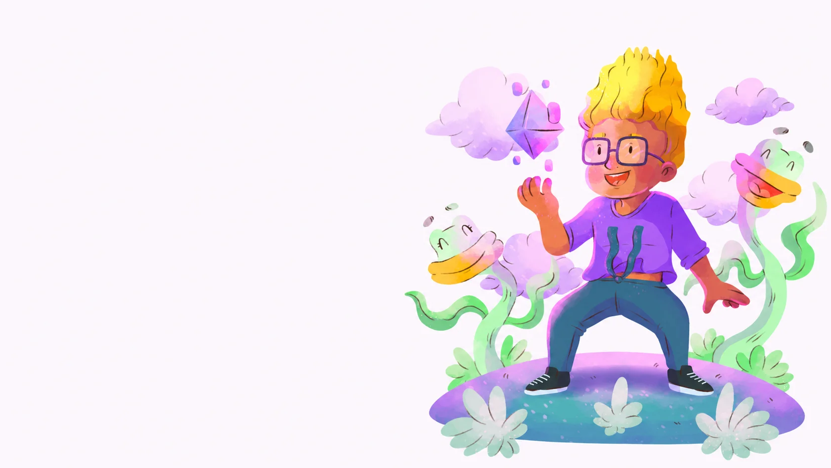 Boy with glowing hair surrounded by playful fantasy creatures